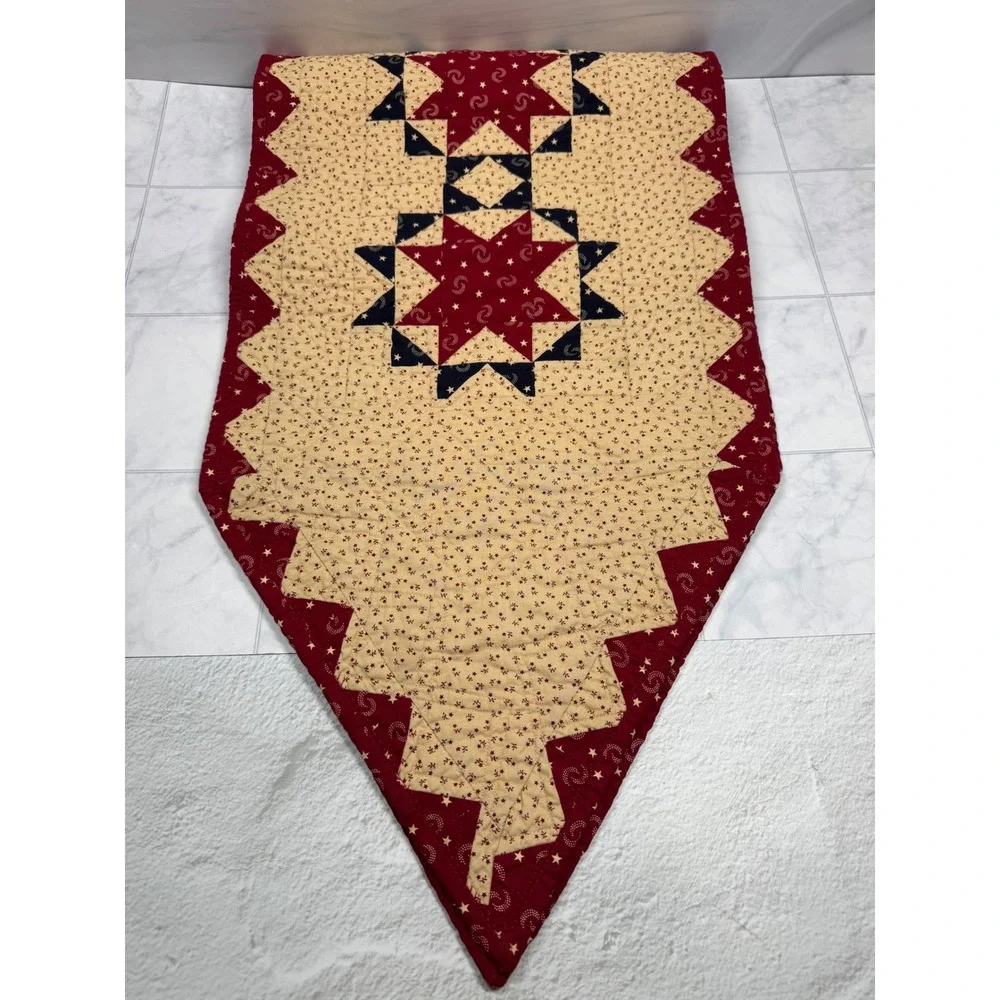 VTG 2002 Quilted Table Runner Americana Star Patchwork Red Navy Cream 81x16.5